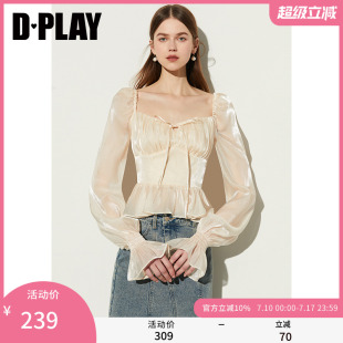 上衣短袖 女方領復古蝴蝶結緞面襯衫 氣質米白色小衫 DPLAY2025春季