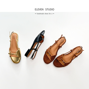 夏季 1.5CM 新款 法式 紅印 真皮復古平底一字涼鞋 Eleven‘shoes