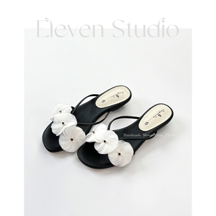 Eleven‘shoes 夾趾度假休閑涼拖 3CM 花朵一字帶拖鞋 女孩 新款