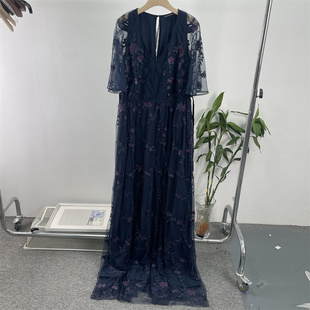 連衣裙 大碼 外貿(mào)歐美 精美刺繡花網(wǎng)紗蕾絲長款