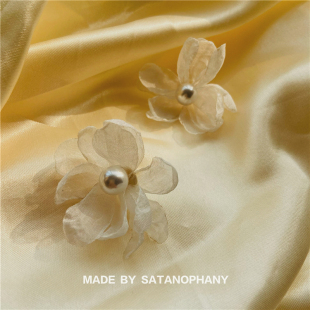 Satanophany甜美小眾雪紡花朵珍珠耳釘法式 復古超仙設計耳環度假