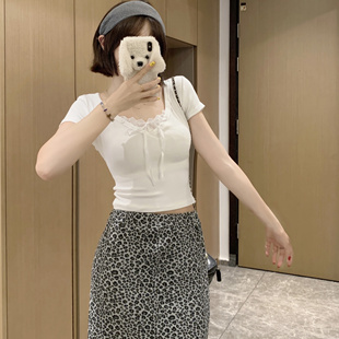 設計短袖 大碼 胖妹妹法式 上衣女夏季 T恤 純欲蕾絲花邊白色顯瘦修身