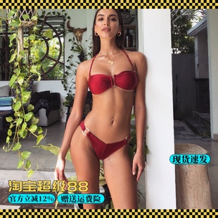 walkingChic紅色比基尼性感暴露聚攏三點式 三角分體游泳衣女純欲