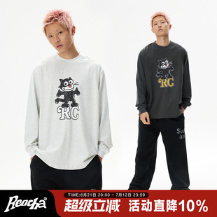 REOCHA熱呈春秋做舊卡通印花純棉打底上衣國潮潮牌情侶長袖 T恤男