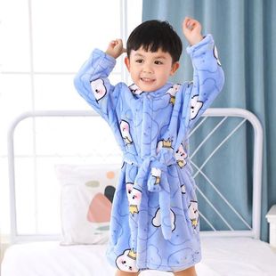 兒童睡袍睡衣春秋冬帶帽家居服卡通圖案法蘭絨浴巾兒童中大童