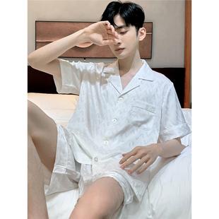 夏季 白色高級感套裝 短袖 桑蠶絲薄款 男 短褲 維多利亞真絲睡衣男士