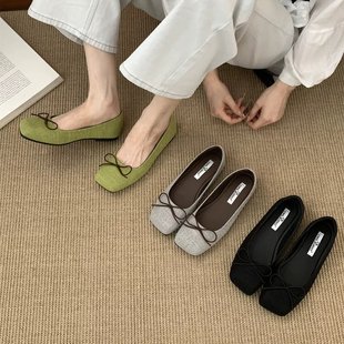 韓版 OKLEIBO秋季 女淺口蝴蝶結一腳蹬豆豆鞋 方頭平底單鞋 仙女 新款