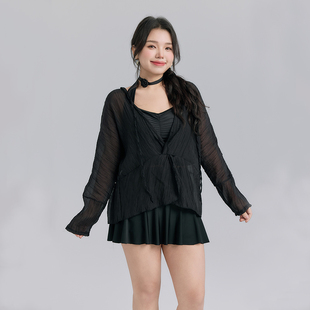 泡溫泉度假比基尼三件套罩衫 泳衣女高腰遮肚子微胖分體游泳衣 大碼