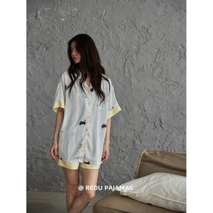 可愛貓咪帶胸墊一體家居服套裝 熱妒睡衣女夏季 短褲 冰絲涼感短袖 款