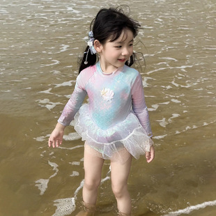 韓國韓版 潮 兒童泳衣女童小童海星貝殼公主寶寶游泳衣女孩連體泳裝
