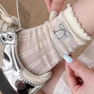 網眼蝴蝶結襪子女夏季 純棉中筒襪無骨透氣花邊堆堆襪白色長襪 薄款