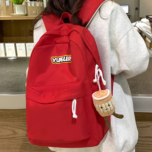 書包女高中生紅色簡約復古經典 休閑百搭大容量初中大學生雙肩背包