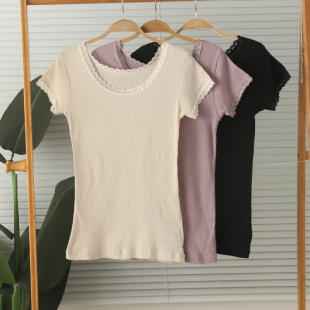 打底衫 半袖 T恤家居服睡衣上衣夏 帶蕾絲花邊短袖 外貿(mào)女純棉薄款