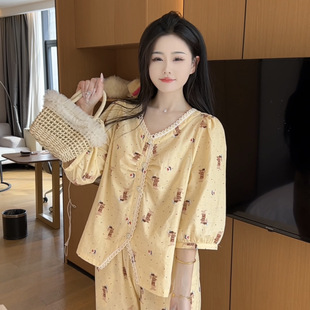 女家居服可外穿寬松 睡衣套裝 夏季 可愛(ài)休閑顯瘦v領(lǐng)純棉雙層紗中袖