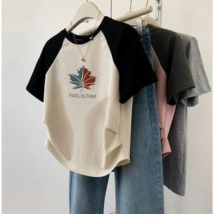 T恤女褶皺顯瘦修身 拼接圓領(lǐng)短袖 百搭正肩上衣甜辣 復(fù)古插肩袖 美式