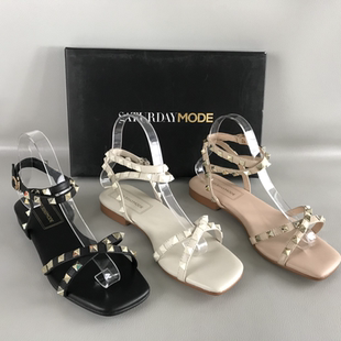 鉚釘羅馬涼鞋 SATURDAYMODE女鞋 一字扣帶平底時尚 撤柜處理夏季 正品