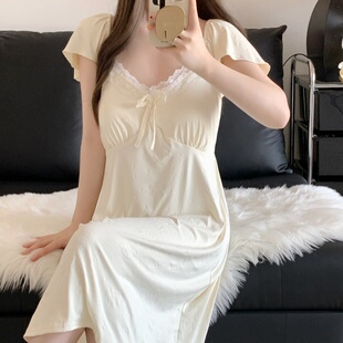 性感V領蕾絲花邊睡裙女夏季 睡衣薄 帶胸墊公主純欲連衣裙2025新款
