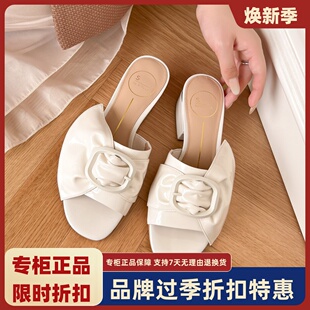 女SS119059 BYSTELLA春夏露趾低跟外穿涼拖女優(yōu)雅蝴蝶結(jié)方跟涼鞋