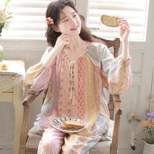 套裝 睡衣女春秋甜美系帶純棉紗布家居服全棉可外穿長袖 眠島