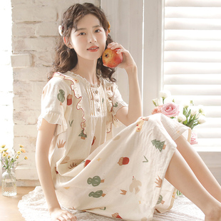 短袖 夏季 睡裙女甜美卡通印花純棉紗布帶胸墊家居服裙子 眠島