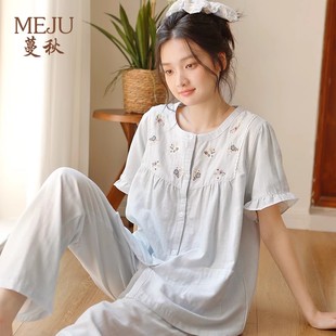 睡衣純棉雙層紗布開衫 長褲 圓領花邊甜美家居服薄 女短袖 MEJU蔓秋