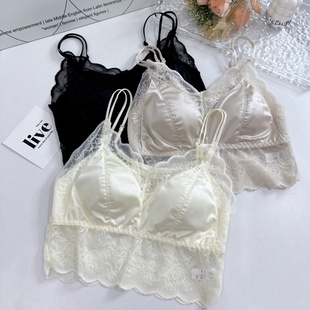 性感緞面拼接蕾絲美背吊帶女雙肩帶固定杯內(nèi)衣短褲 抹胸打底背心潮
