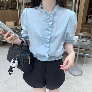 小個子寬松襯衫 WGWE 襯衫 木耳花邊短袖 W6253 甜美小眾設計感泡泡袖
