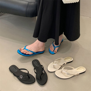 涼拖夾腳人字拖鞋 沙灘度假水鉆涼鞋 女鞋 夏季 外穿2025新款 平底法式