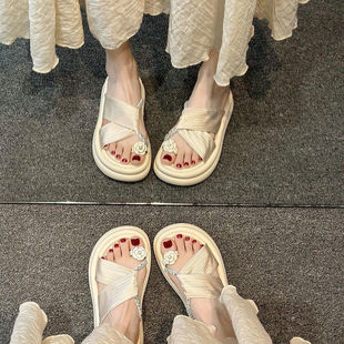 厚底防滑套趾配裙子沙灘涼拖鞋 外穿2025新款 女夏季 絕美仙女風拖鞋
