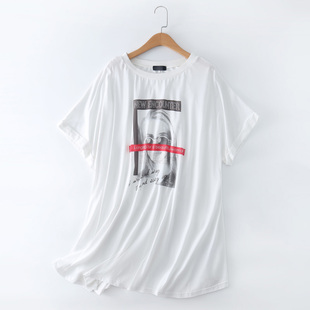 遮肉短袖 特價(jià) 女純棉中長(zhǎng)款 圓領(lǐng)字母印花T恤大碼 上衣寬松顯瘦 清倉(cāng)