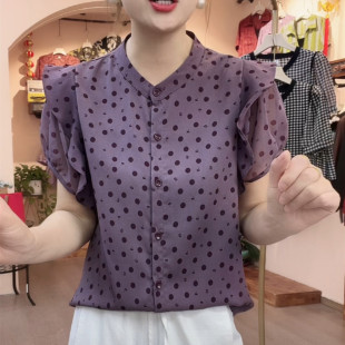 襯衫 百搭小衫 女中年媽媽裝 新款 夏季 高檔天絲緞圓點減齡花邊短袖