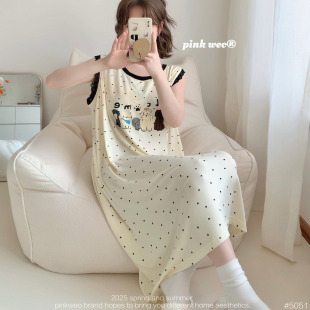 帶胸墊卡通波點無袖 女士連衣裙睡衣家居服女 背心睡裙寬松純棉薄款