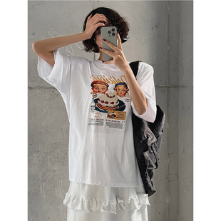 卡通印花純棉圓領(lǐng)短袖 25春夏girl美式 T恤女 韓代東大門 鬼鬼家正品