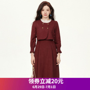 拼接木耳邊中長裙長袖 2025新款 連衣裙 XY秋裝 Outlets專柜撤柜正品