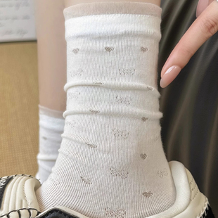 襪子夏薄款 女蕾絲花邊愛心鏤空網眼透氣芭蕾風中筒甜美女士堆堆襪