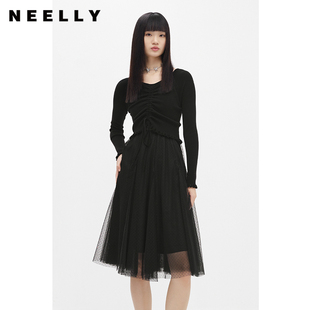 A字裙 拼接網紗連衣裙女中長款 NEELLY納儷商場同款 抽繩顯瘦針織衫