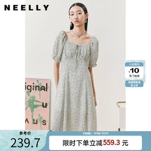 A字茶歇裙百搭 泡泡袖 NEELLY納儷夏季 碎花連衣裙女中長款