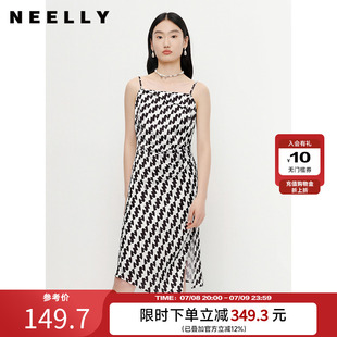 NEELLY納儷連衣裙女中長款 吊帶A字裙褶皺收腰顯瘦下開叉裙子時尚