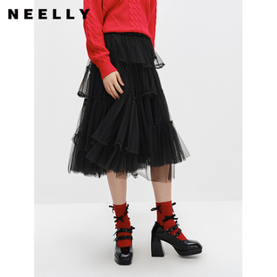 新款 百搭紗裙冬季 A字裙 黑色半身裙女中長(zhǎng)款 NEELLY納儷商場(chǎng)同款
