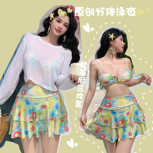2025防曬大碼 胖mm性感溫泉純色分體泳衣女比基尼三件套辣妹度假風