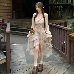 水墨江南吊帶連衣裙氣質暈染飄逸感碎花長裙甜美雪紡開衫 女夏套裝