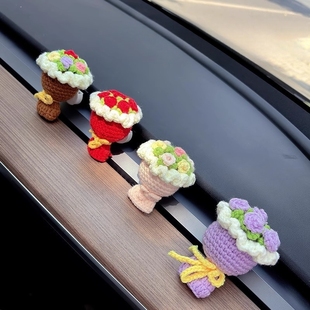 毛線鉤織花束車載香薰玫瑰花汽車空調出風口香水夾車內裝 飾用品女