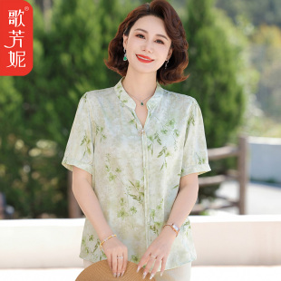 夏季 上衣套2025裝 新款 媽媽裝 中老年人女裝 國風碎花雪紡衫 洋氣短袖