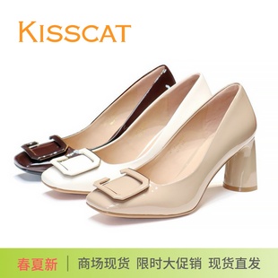 KA43522 KISSCAT接吻貓2025新款 亮漆牛皮方頭粗高跟方扣女單鞋