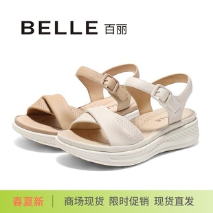 女D6N2D 魔術貼舒適沙灘涼鞋 BELLE百麗2025夏新款 輕便真皮休閑涼鞋