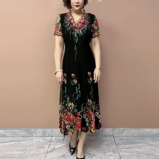 媽媽遮肉大擺 高檔彈力印J花長裙時尚 重工刺繡網紗連衣裙夏季 新款
