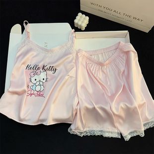 帶胸墊卡通KT貓輕奢甜美少女吊帶睡衣女蕾絲花邊冰雪絲套裝 夏季 款