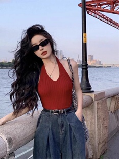 性感甜辣上衣 無袖 紅色掛脖小吊帶背心女秋季 外穿內搭港風復古修身