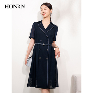 收腰顯瘦a字中長連衣裙女夏HI22OL705 修身 HONRN 紅人氣質藍色短袖
