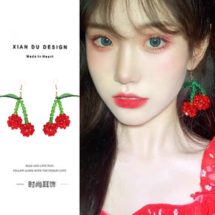 韓國串珠紅色櫻桃耳環小眾設計甜美可愛少女心海邊度假風耳飾耳夾